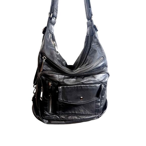 Unbranded Black Faux Leather Convertible Backpack Hobo Bag Multi-Pocket - Picture 1 of 14